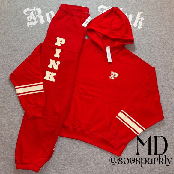 Victoria's Secret PINK NWT Bright Red Vermillion Matching Outfit Hoodie & Pants - Picture 1 of 11